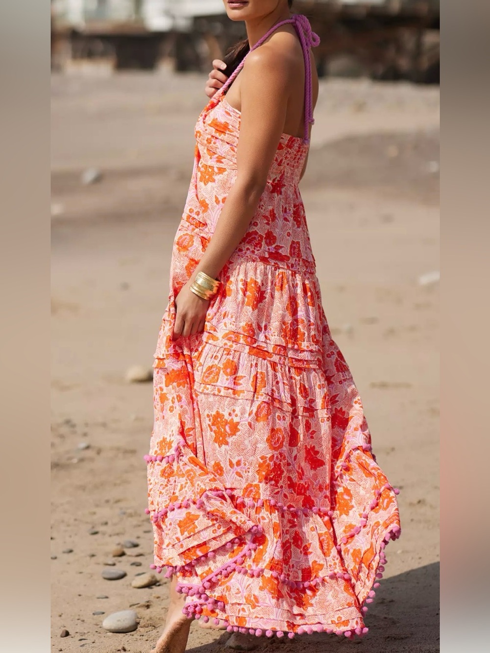 Ro's Garden Anthropologie Denise Halter Maxi Dress Pom Pom Pink Orange Floral M - Picture 3 of 15